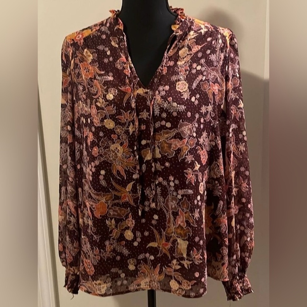 Maison d’amelie Paris Orange and Brown Tie Front‎ Blouse with Mandarin Collar